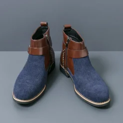 Men's Corduroy and Faux Leather Ankle Boots – Stylish Brown and Blue Design with Metal Eagle Detail, Western Cowboy-Inspired Fashion for Casual and Formal Occasions