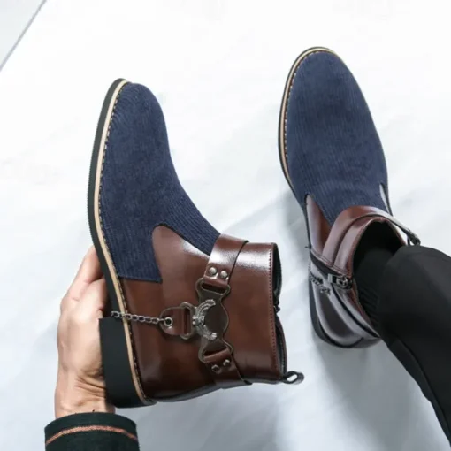 Men's Corduroy and Faux Leather Ankle Boots – Stylish Brown and Blue Design with Metal Eagle Detail, Western Cowboy-Inspired Fashion for Casual and Formal Occasions