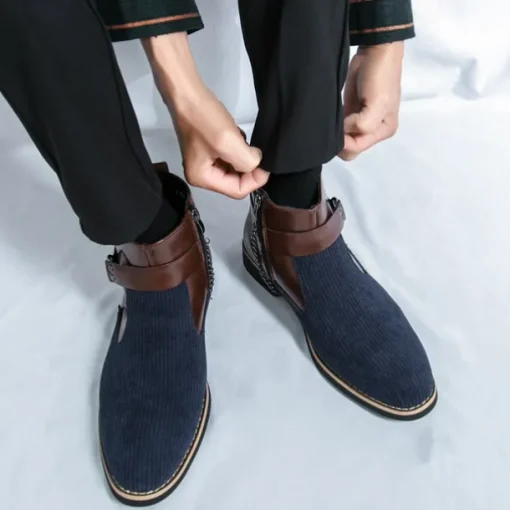 Men's Corduroy and Faux Leather Ankle Boots – Stylish Brown and Blue Design with Metal Eagle Detail, Western Cowboy-Inspired Fashion for Casual and Formal Occasions