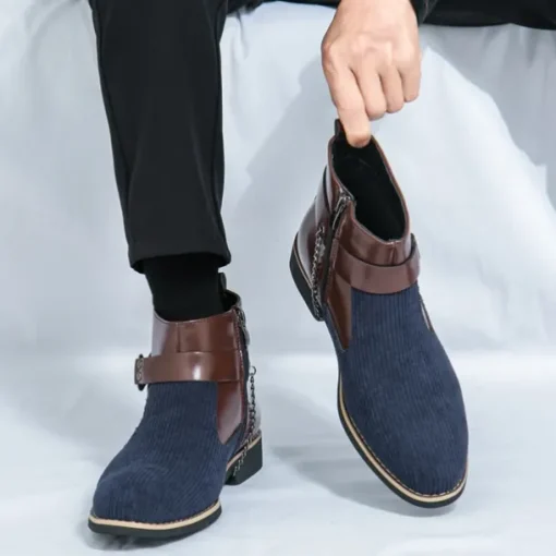 Men's Corduroy and Faux Leather Ankle Boots – Stylish Brown and Blue Design with Metal Eagle Detail, Western Cowboy-Inspired Fashion for Casual and Formal Occasions