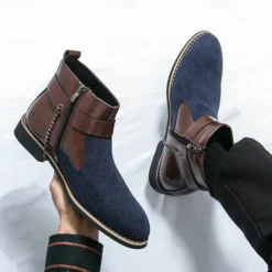 Men's Corduroy and Faux Leather Ankle Boots – Stylish Brown and Blue Design with Metal Eagle Detail, Western Cowboy-Inspired Fashion for Casual and Formal Occasions