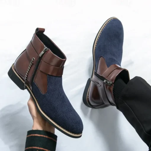 Men's Corduroy and Faux Leather Ankle Boots – Stylish Brown and Blue Design with Metal Eagle Detail, Western Cowboy-Inspired Fashion for Casual and Formal Occasions