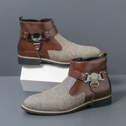 Men's Corduroy and Faux Leather Ankle Boots – Stylish Brown and Blue Design with Metal Eagle Detail, Western Cowboy-Inspired Fashion for Casual and Formal Occasions