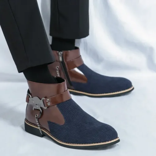 Men's Corduroy and Faux Leather Ankle Boots – Stylish Brown and Blue Design with Metal Eagle Detail, Western Cowboy-Inspired Fashion for Casual and Formal Occasions