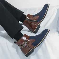 Men's Corduroy and Faux Leather Ankle Boots – Stylish Brown and Blue Design with Metal Eagle Detail, Western Cowboy-Inspired Fashion for Casual and Formal Occasions