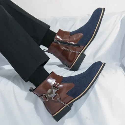 Men's Corduroy and Faux Leather Ankle Boots – Stylish Brown and Blue Design with Metal Eagle Detail, Western Cowboy-Inspired Fashion for Casual and Formal Occasions