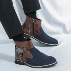 Men's Corduroy and Faux Leather Ankle Boots – Stylish Brown and Blue Design with Metal Eagle Detail, Western Cowboy-Inspired Fashion for Casual and Formal Occasions