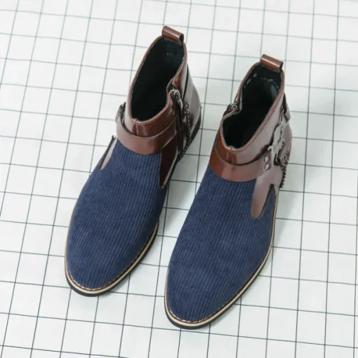 Men's Corduroy and Faux Leather Ankle Boots – Stylish Brown and Blue Design with Metal Eagle Detail, Western Cowboy-Inspired Fashion for Casual and Formal Occasions