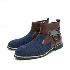 Men's Corduroy and Faux Leather Ankle Boots – Stylish Brown and Blue Design with Metal Eagle Detail, Western Cowboy-Inspired Fashion for Casual and Formal Occasions