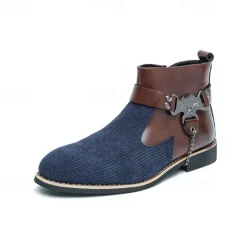 Men's Corduroy and Faux Leather Ankle Boots – Stylish Brown and Blue Design with Metal Eagle Detail, Western Cowboy-Inspired Fashion for Casual and Formal Occasions