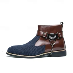 Men's Corduroy and Faux Leather Ankle Boots – Stylish Brown and Blue Design with Metal Eagle Detail, Western Cowboy-Inspired Fashion for Casual and Formal Occasions