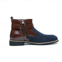 Men's Corduroy and Faux Leather Ankle Boots – Stylish Brown and Blue Design with Metal Eagle Detail, Western Cowboy-Inspired Fashion for Casual and Formal Occasions