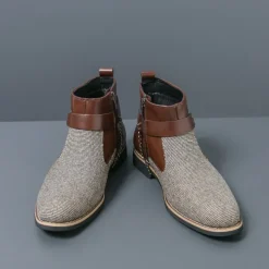 Men's Corduroy and Faux Leather Ankle Boots – Stylish Brown and Blue Design with Metal Eagle Detail, Western Cowboy-Inspired Fashion for Casual and Formal Occasions
