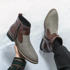 Men's Corduroy and Faux Leather Ankle Boots – Stylish Brown and Blue Design with Metal Eagle Detail, Western Cowboy-Inspired Fashion for Casual and Formal Occasions