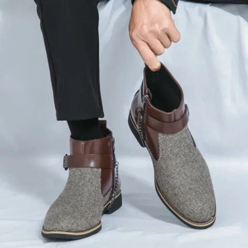 Men's Corduroy and Faux Leather Ankle Boots – Stylish Brown and Blue Design with Metal Eagle Detail, Western Cowboy-Inspired Fashion for Casual and Formal Occasions