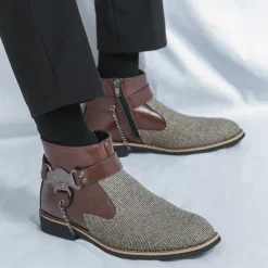 Men's Corduroy and Faux Leather Ankle Boots – Stylish Brown and Blue Design with Metal Eagle Detail, Western Cowboy-Inspired Fashion for Casual and Formal Occasions