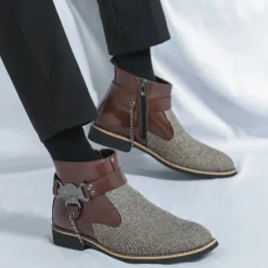 Men's Corduroy and Faux Leather Ankle Boots – Stylish Brown and Blue Design with Metal Eagle Detail, Western Cowboy-Inspired Fashion for Casual and Formal Occasions