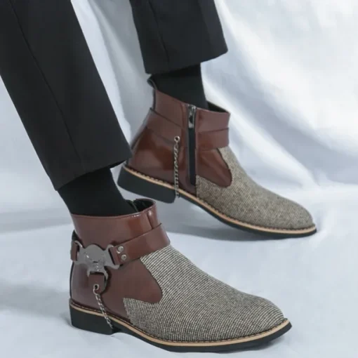 Men's Corduroy and Faux Leather Ankle Boots – Stylish Brown and Blue Design with Metal Eagle Detail, Western Cowboy-Inspired Fashion for Casual and Formal Occasions