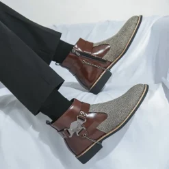 Men's Corduroy and Faux Leather Ankle Boots – Stylish Brown and Blue Design with Metal Eagle Detail, Western Cowboy-Inspired Fashion for Casual and Formal Occasions