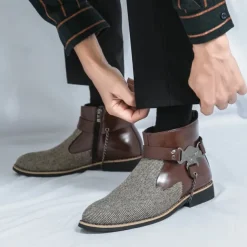 Men's Corduroy and Faux Leather Ankle Boots – Stylish Brown and Blue Design with Metal Eagle Detail, Western Cowboy-Inspired Fashion for Casual and Formal Occasions