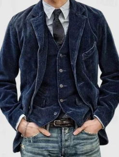 Men's Corduroy Jacket Transition Jacket Going out Pocket All Seasons Plain Classic Lapel Regular Black Brown Army Green Dark Blue Jacket