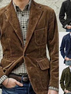 Men's Corduroy Jacket Transition Jacket Going out Pocket All Seasons Plain Classic Lapel Regular Black Brown Army Green Dark Blue Jacket