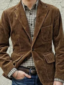 Men's Corduroy Jacket Transition Jacket Going out Pocket All Seasons Plain Classic Lapel Regular Black Brown Army Green Dark Blue Jacket