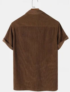 Men's Corduroy Shirt Golf Shirt Work Casual Lapel Short Sleeve Basic Modern Plain Buttons Summer Regular Fit Black Yellow Brown Army Green Corduroy Shirt