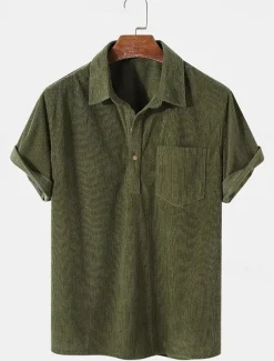 Men's Corduroy Shirt Golf Shirt Work Casual Lapel Short Sleeve Basic Modern Plain Buttons Summer Regular Fit Black Yellow Brown Army Green Corduroy Shirt