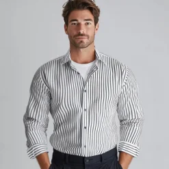 Men's Cotton Black Long Sleeve Striped Fold-over Collar School Formal Clothing Apparel Elegant Active Vacation Vintage