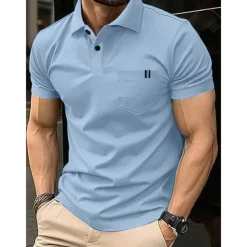 Men's Cotton Blend Polo Shirt Golf Shirt Casual Holiday Ribbed Polo Collar Short Sleeve Fashion Basic Solid Color Patchwork Pocket Summer Regular Fit Light Blue Black White Yellow Royal Blue Cotton