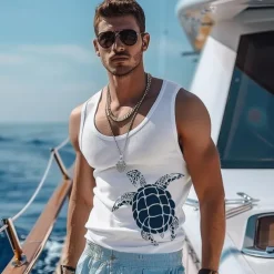 Men's 100%Cotton 3D Print Tank Top Graphic Fashion Outdoor Casual Vest Top Undershirt Street Casual Daily T shirt White Blue Sleeveless Crew Neck Shirt Spring & Summer Clothing Apparel