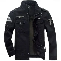 Men's Cotton Embroidered Military Jacket Cargo Jacket with Shoulder Straps Long Sleeve Standing Collar Multi-Pockets Coat Trucker Jacket US Flag Print Tactical Outerwear