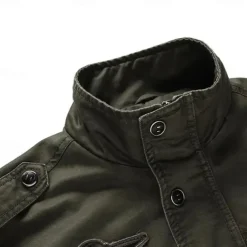 Men's Cotton Embroidered Military Jacket Cargo Jacket with Shoulder Straps Long Sleeve Standing Collar Multi-Pockets Coat Trucker Jacket US Flag Print Tactical Outerwear