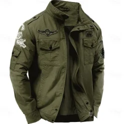 Men's Cotton Embroidered Military Jacket Windbreaker with Shoulder Straps Long Sleeve Standing Collar Multi-Pockets Trucker Jacket Crocodile Print Tactical Outerwear