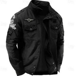 Men's Cotton Embroidered Military Jacket Windbreaker with Shoulder Straps Long Sleeve Standing Collar Multi-Pockets Trucker Jacket Crocodile Print Tactical Outerwear
