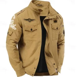 Men's Cotton Embroidered Military Jacket Windbreaker with Shoulder Straps Long Sleeve Standing Collar Multi-Pockets Trucker Jacket Crocodile Print Tactical Outerwear