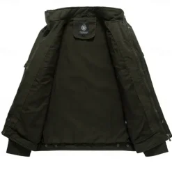 Men's Cotton Embroidered Military Jacket Windbreaker with Shoulder Straps Long Sleeve Standing Collar Multi-Pockets Trucker Jacket Crocodile Print Tactical Outerwear