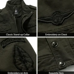 Men's Cotton Embroidered Military Jacket Windbreaker with Shoulder Straps Long Sleeve Standing Collar Multi-Pockets Trucker Jacket Crocodile Print Tactical Outerwear