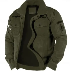 Men's Cotton Embroidered Military Jacket Cargo Jacket with Shoulder Straps Long Sleeve Standing Collar Multi-Pockets Coat Trucker Jacket Western Cow Print Tactical Outerwear