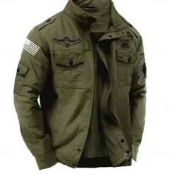 Men's Cotton Embroidered Military Jacket with Shoulder Straps Long Sleeve Standing Collar Multi-Pockets Trucker Jacket US Flag Print Tactical Outerwear
