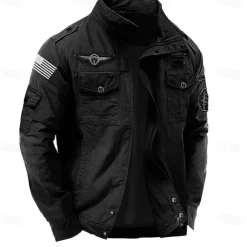 Men's Cotton Embroidered Military Jacket with Shoulder Straps Long Sleeve Standing Collar Multi-Pockets Trucker Jacket US Flag Print Tactical Outerwear