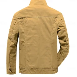 Men's Cotton Embroidered Military Jacket with Shoulder Straps Long Sleeve Standing Collar Multi-Pockets Trucker Jacket US Flag Print Tactical Outerwear