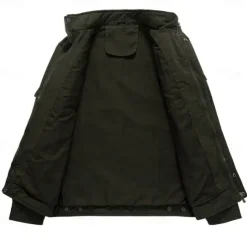 Men's Cotton Embroidered Military Jacket with Shoulder Straps Long Sleeve Standing Collar Multi-Pockets Trucker Jacket US Flag Print Tactical Outerwear