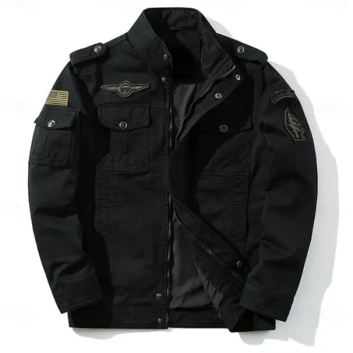 Men's Cotton Embroidered Military Jacket Cargo Jacket with Shoulder Straps Long Sleeve Standing Collar Multi-Pockets Coat Trucker Jacket US Flag Print Tactical Outerwear