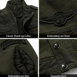 Men's Cotton Embroidered Military Jacket Cargo Jacket with Shoulder Straps Long Sleeve Standing Collar Multi-Pockets Coat Trucker Jacket US Flag Print Tactical Outerwear
