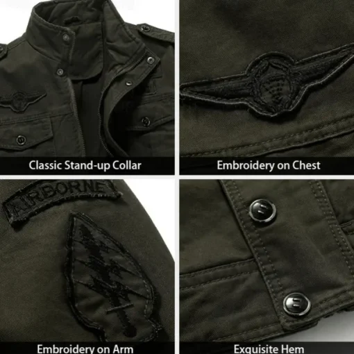 Men's Cotton Embroidered Military Jacket Cargo Jacket with Shoulder Straps Long Sleeve Standing Collar Multi-Pockets Coat Trucker Jacket US Flag Print Tactical Outerwear