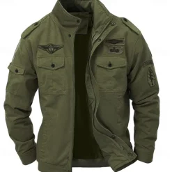 Men's Cotton Embroidered Military Jacket Cargo Jacket with Shoulder Straps Long Sleeve Standing Collar Multi-Pockets Coat Trucker Jacket Tactical Outerwear