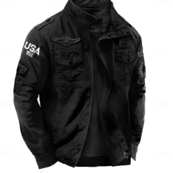 Men's Cotton Embroidered Military Jacket Windbreaker with Shoulder Straps Long Sleeve Standing Collar Multi-Pockets Trucker Jacket USA Flag Print Tactical Outerwear