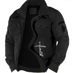 Men's Cotton Embroidered Military Jacket Cargo Jacket with Shoulder Straps Long Sleeve Standing Collar Multi-Pockets Coat Trucker Jacket Faith Letter Print Tactical Outerwear